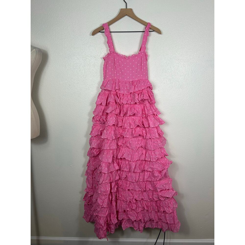 Loveshackfancy Idra Tiered Ruffle Maxi Dress Polka dot Hot Pink Cherry Sz 4 - Picture 6 of 11